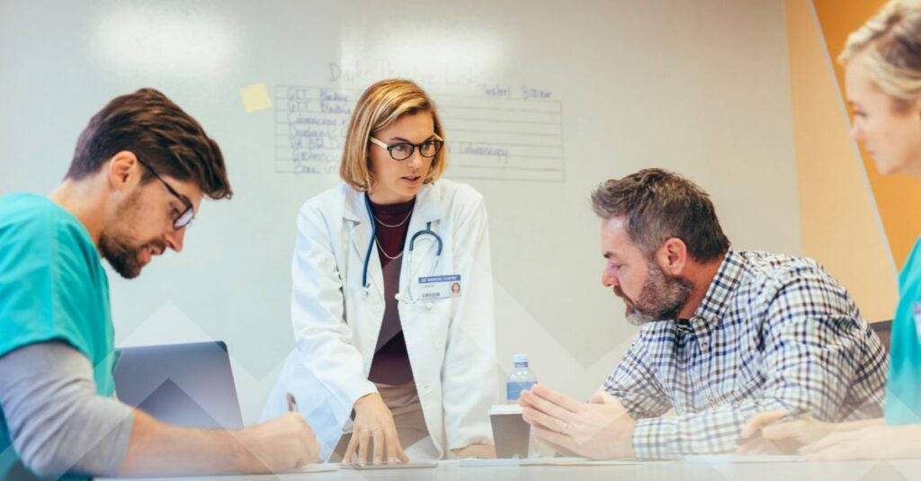 Healthcare professionals collaborating on workforce planning